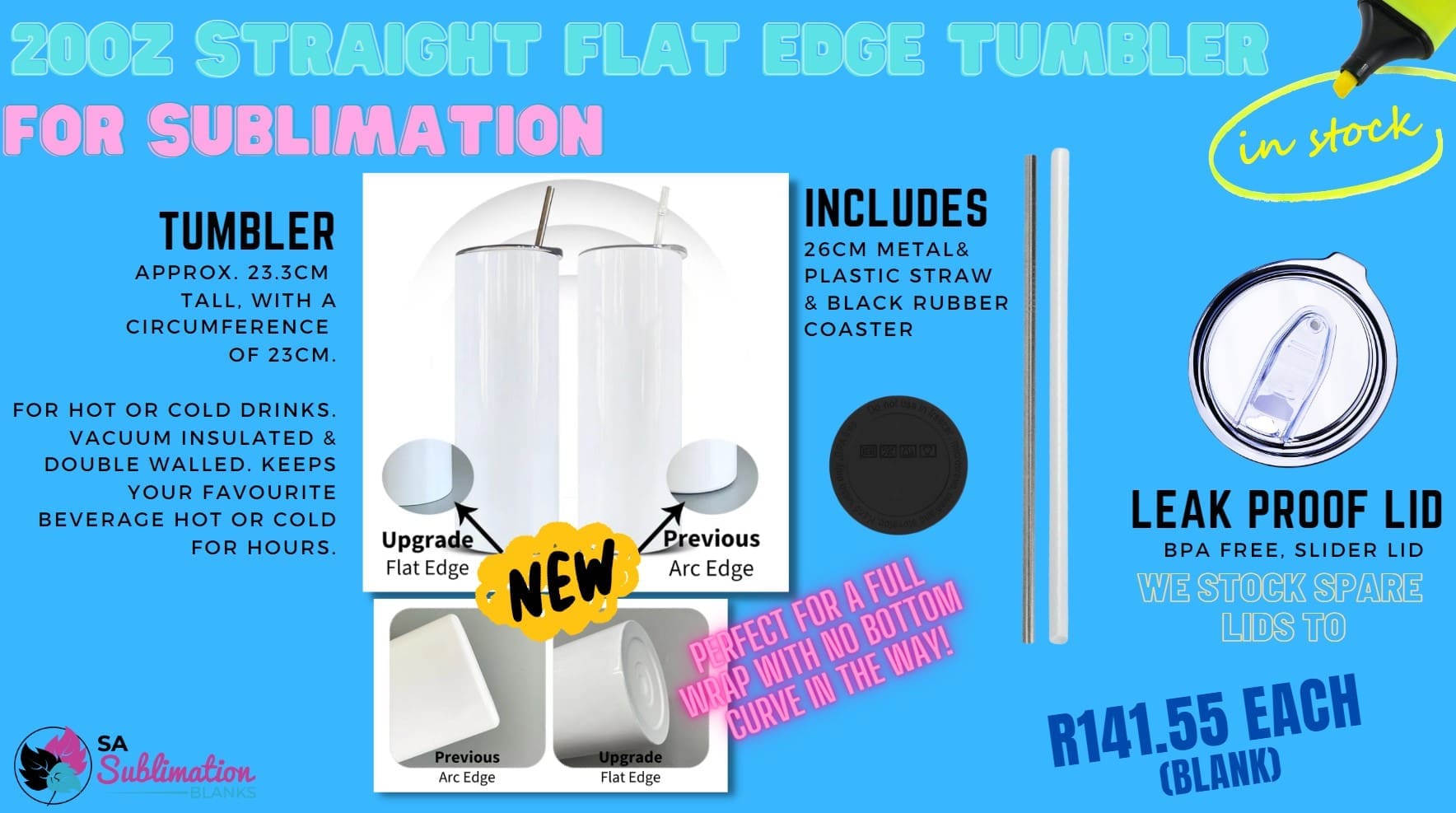 Sublimation Blanks : 20oz Straight Flat Edge Bottom Tumbler (White & Silver)