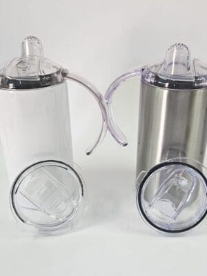 Sublimation Blanks : Seamless 12oz Straight Sippy Tumblers with Dual Lid (White & Silver)