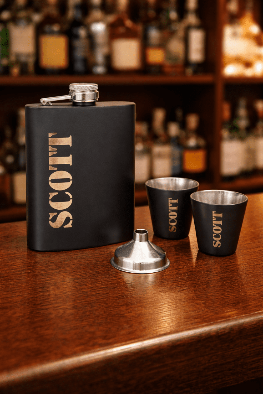 Laser Engraving : 8oz Matte Black Hip Flask Set (with option for us to engrave)