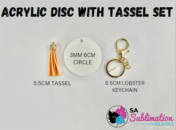 Sublimation Blanks : Acrylic Disc with GOLD Capped Tassel & Keyring Set
