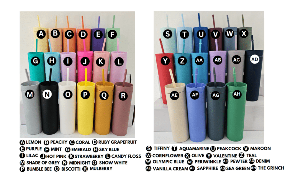 Acylic Tumblers : 16oz Matte Pastel Acrylic Skinny Tumblers (34 Colours)