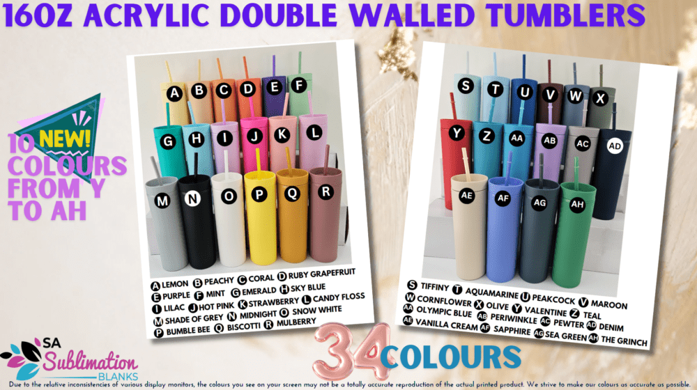 Acylic Tumblers : 16oz Matte Pastel Acrylic Skinny Tumblers (34 Colours)