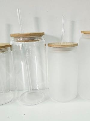 Sublimation Blanks : 12 & 16oz Clear & Frosted Cola Glass (Libbey) Tumblers with Bamboo Lids