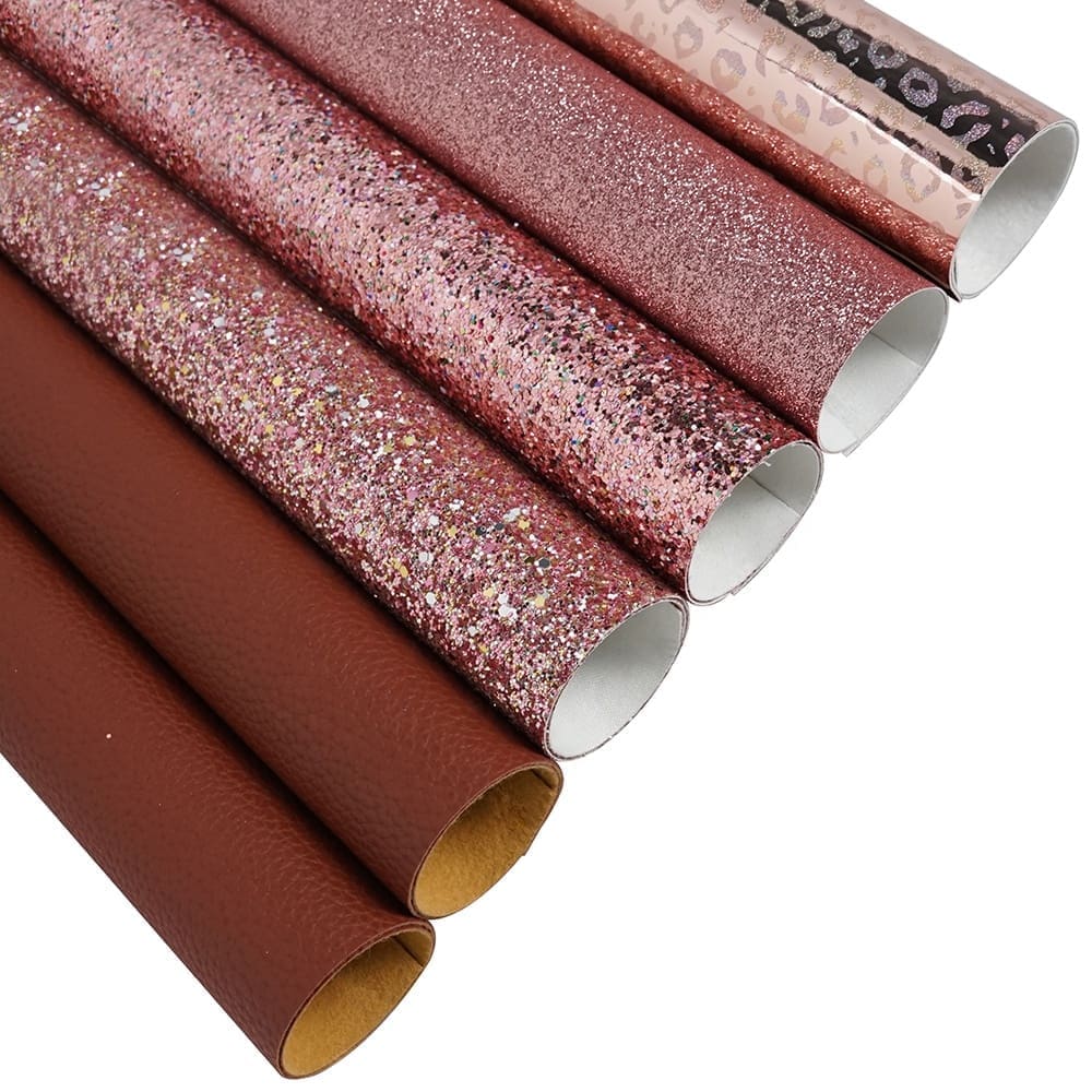 Faux Leather : 6 Piece Rose Gold Chunky Glitter & Leopard Litchi Set (FL42)