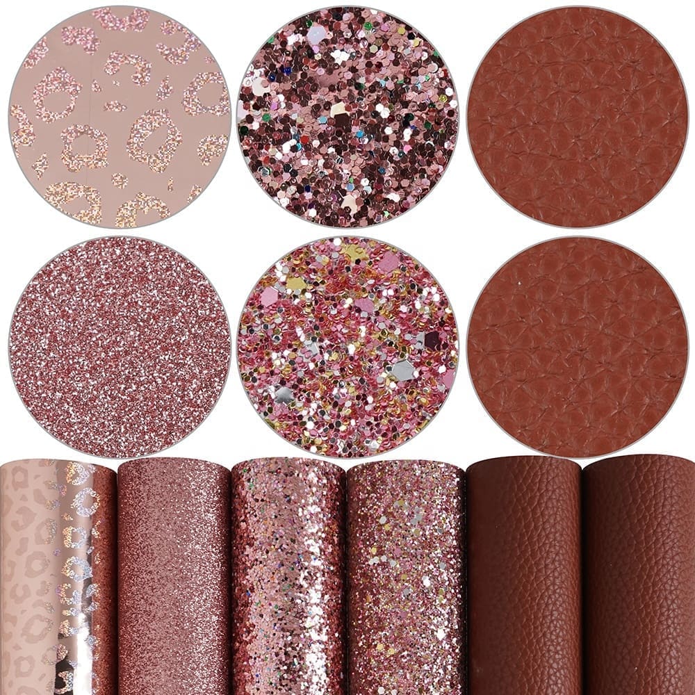 Faux Leather : 6 Piece Rose Gold Chunky Glitter & Leopard Litchi Set (FL42)