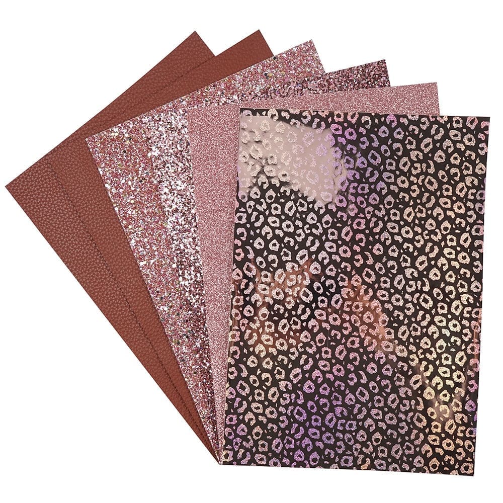 Faux Leather : 6 Piece Rose Gold Chunky Glitter & Leopard Litchi Set (FL42)