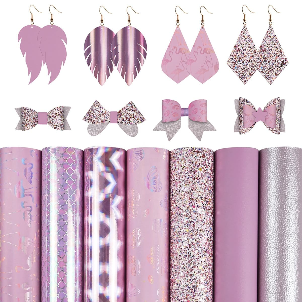 Faux Leather : 7 Piece Pink Holographic Glitter Flamingo & Butterfly Mix (FL44)