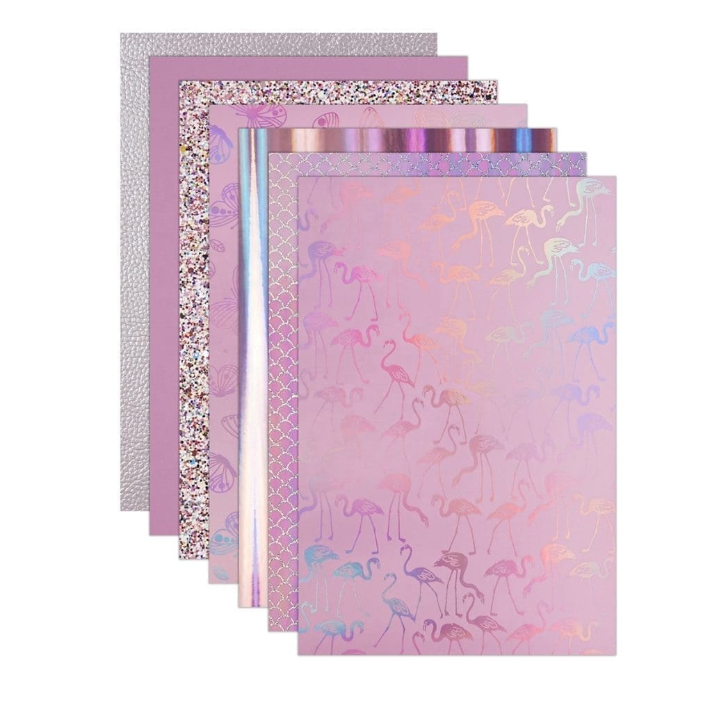 Faux Leather : 7 Piece Pink Holographic Glitter Flamingo & Butterfly Mix (FL44)
