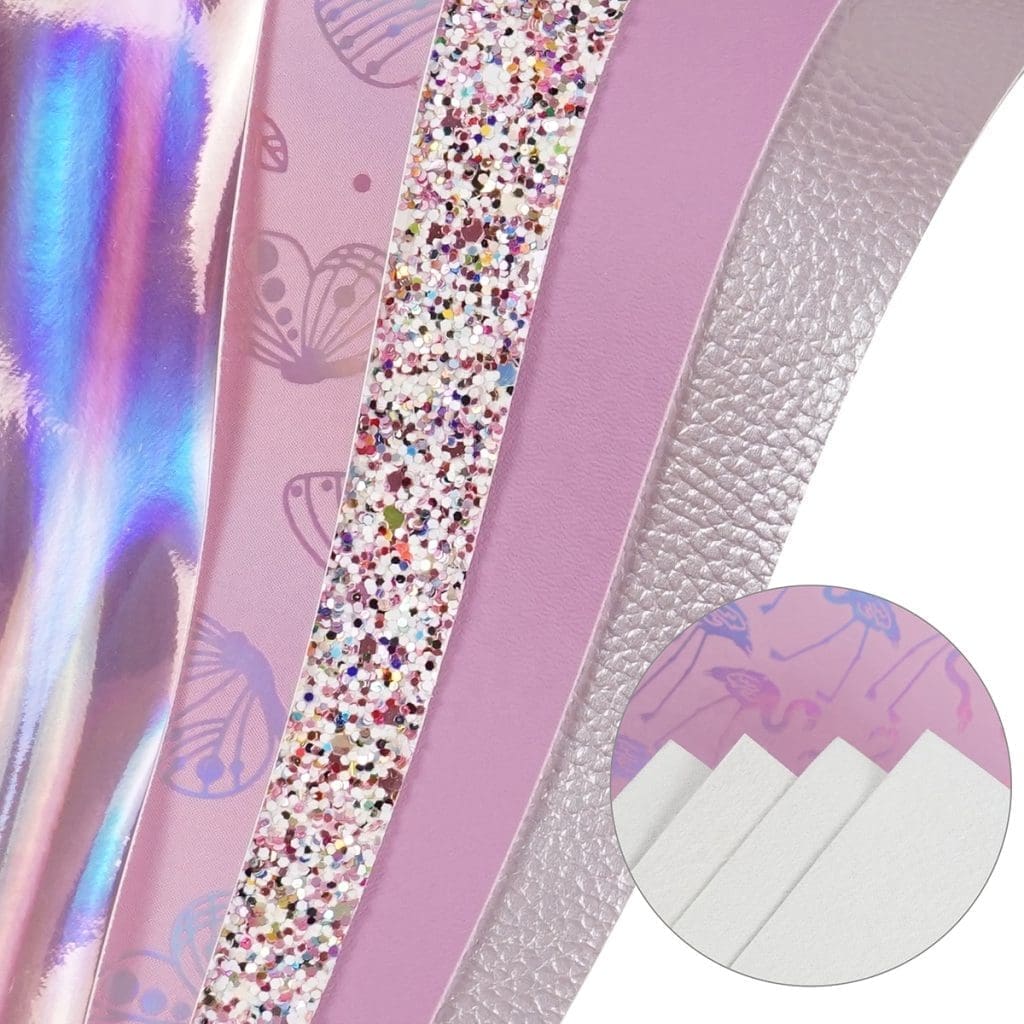 Faux Leather : 7 Piece Pink Holographic Glitter Flamingo & Butterfly Mix (FL44)