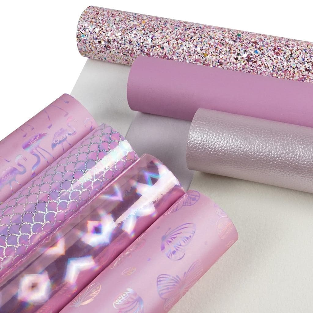 Faux Leather : 7 Piece Pink Holographic Glitter Flamingo & Butterfly Mix (FL44)