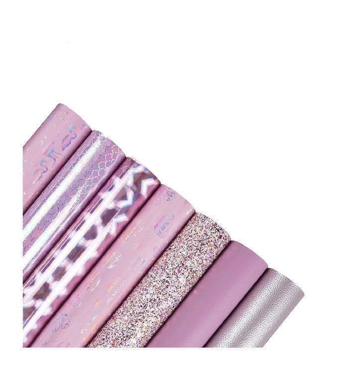 Faux Leather : 7 Piece Pink Holographic Glitter Flamingo & Butterfly Mix (FL44)