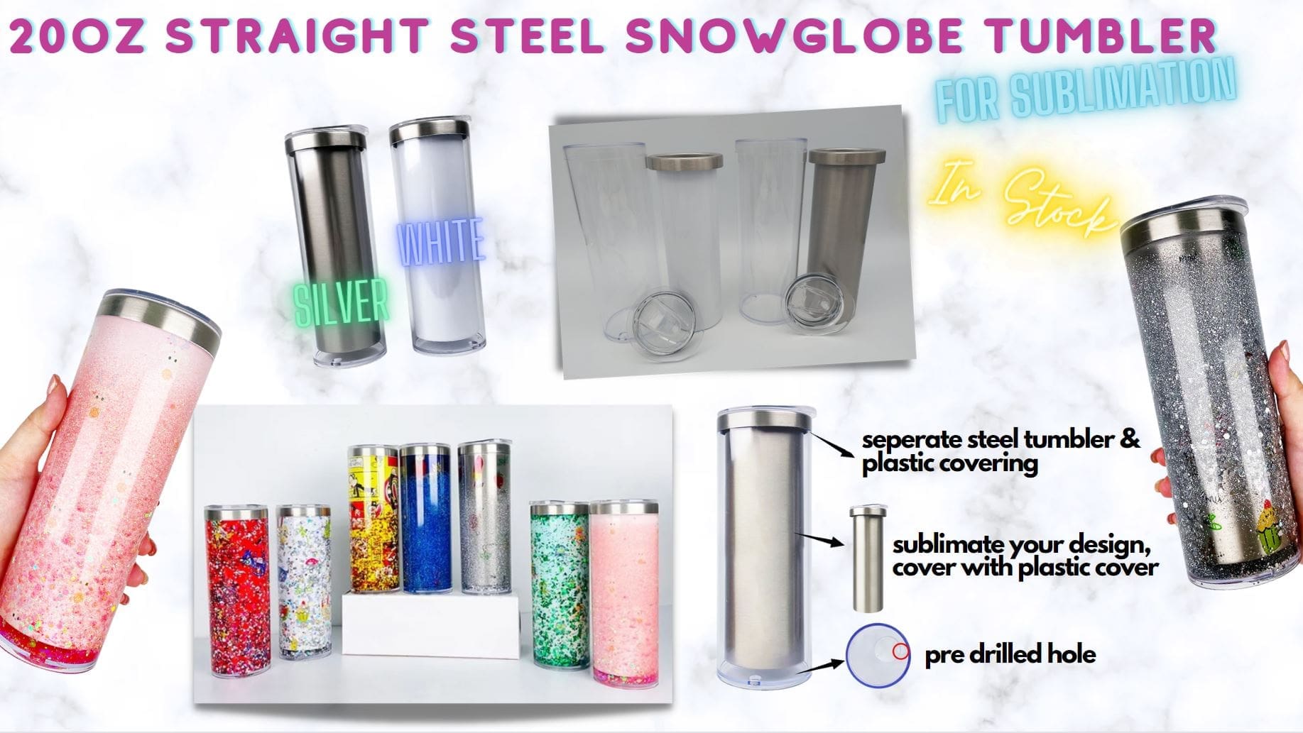 Sublimation Blanks : 20oz Steel Straight Sublimation Storyboard Snowglobe Tumbler with pre-drilled hole