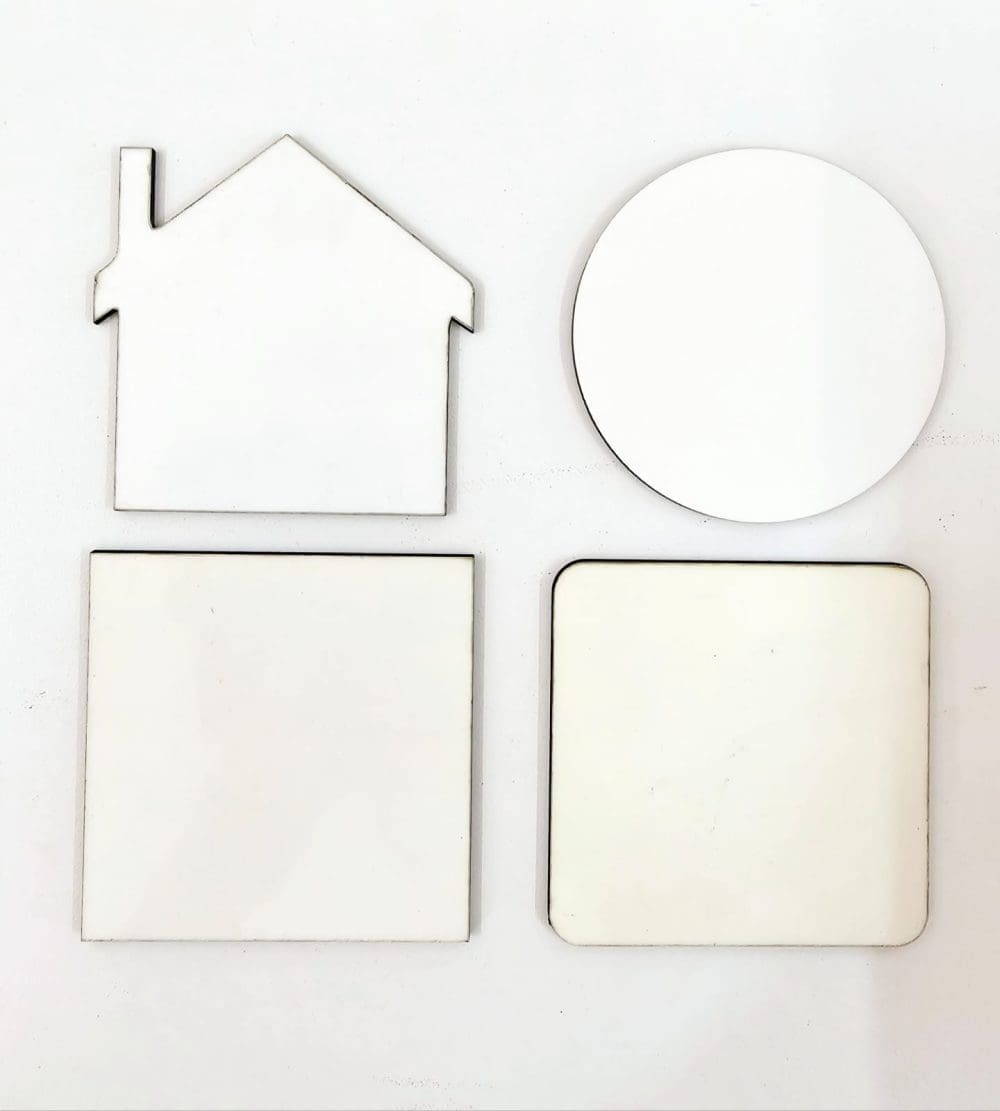 Laser Sublimation Blanks : Super Glossy 3mm Single Sided COASTERS Sublimation MDF (House, Apple, Circle, Square Sharp, Square Rounded, Heart)
