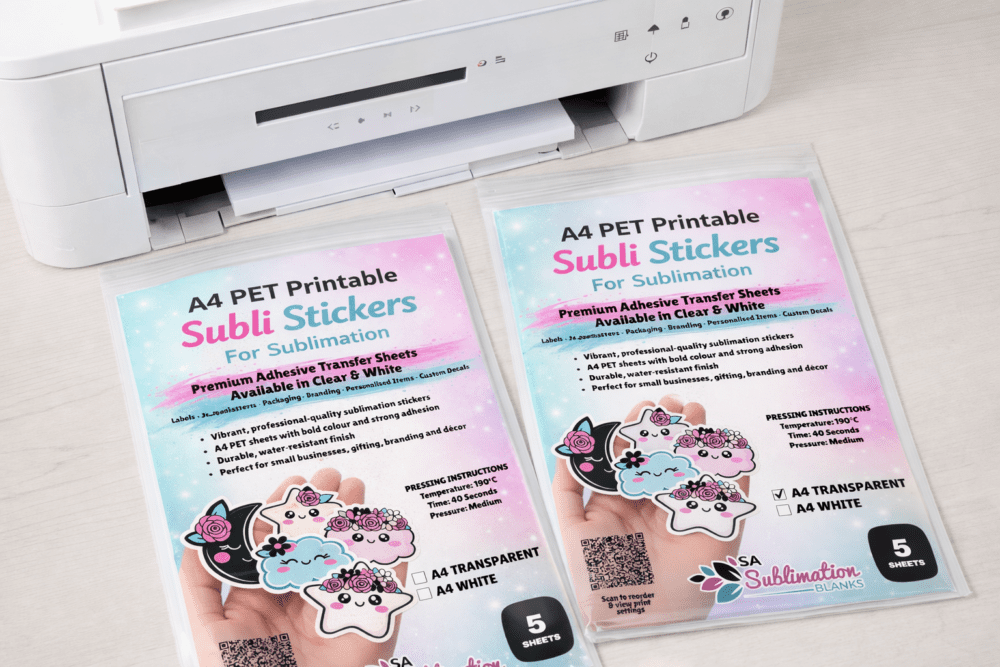Sublimation Blanks : A4 PET Printable Subli Stickers For Sublimation (Transparent & White) [Pack of 5]