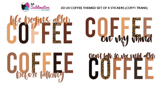 Coffee Themed Set of 4 Stickers Coff1 TRANS 3D UV Stickers : A4 “Loved Beyond Measure” Floral Christian Cross Design (LBM) - 6 Colour Variations