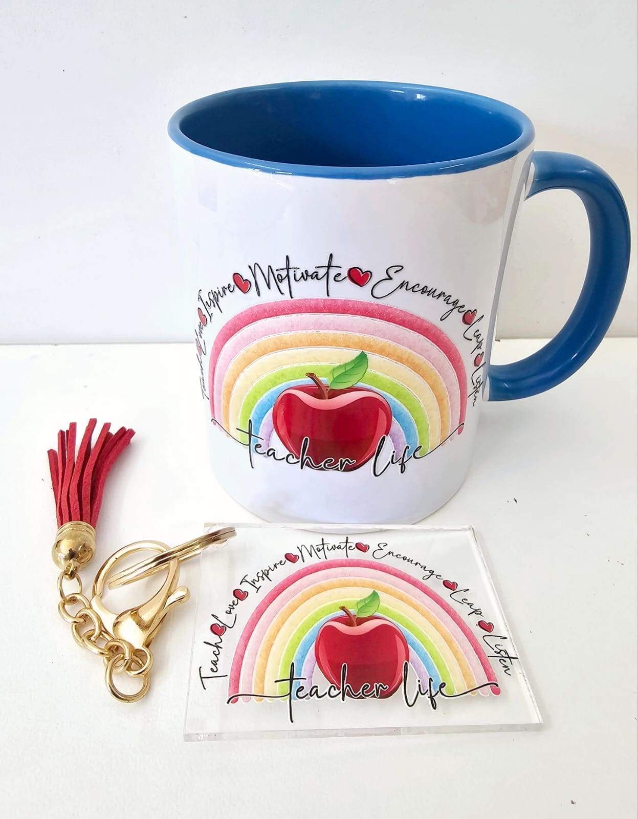 3D UV Stickers : Teacher Life Rainbow Apple Combo for Mug & Rectangle Acrylic Keychain (TEA2)