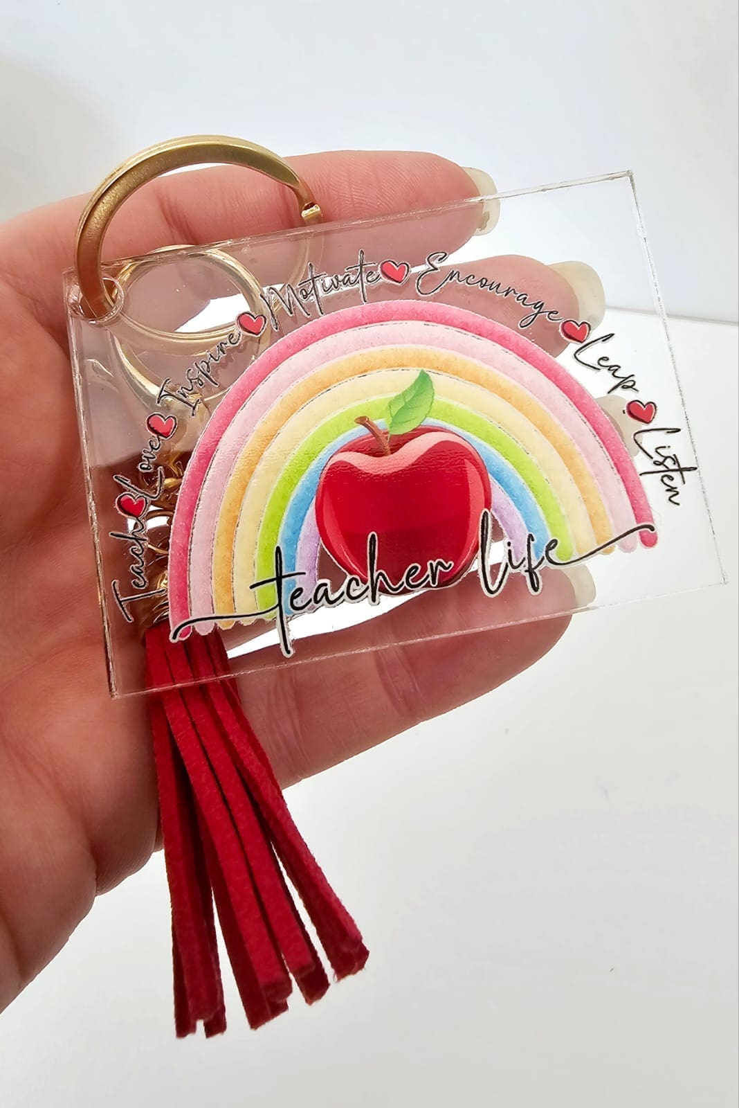 3D UV Stickers : Teacher Life Rainbow Apple Combo for Mug & Rectangle Acrylic Keychain (TEA2)