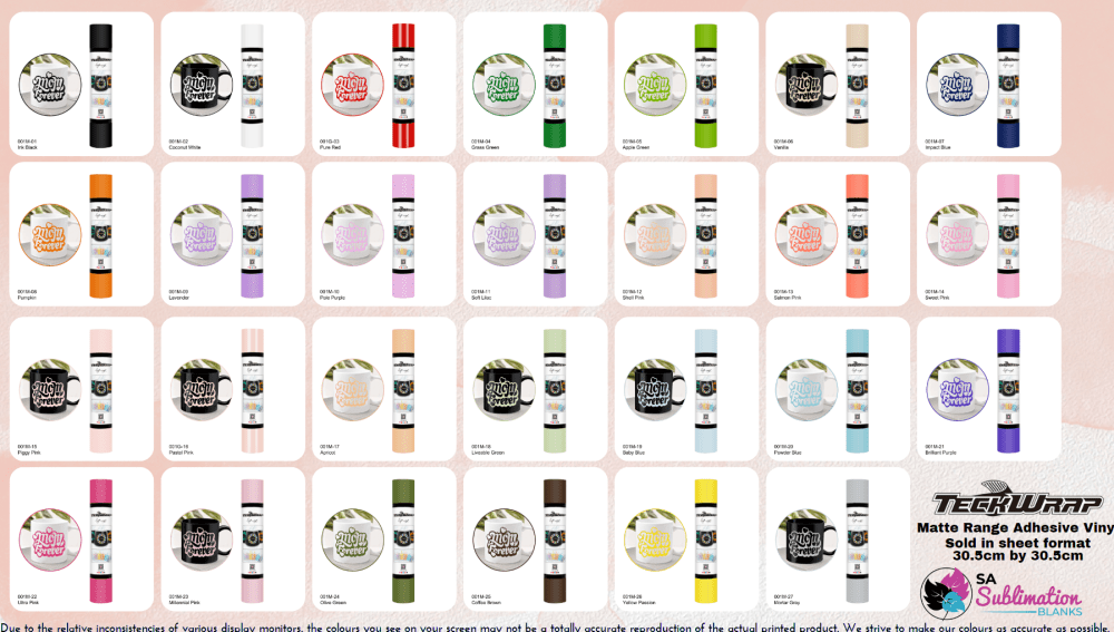 Teckwrap : Permanent Matte Sheet Vinyl 001 Range (30 by 30cm)