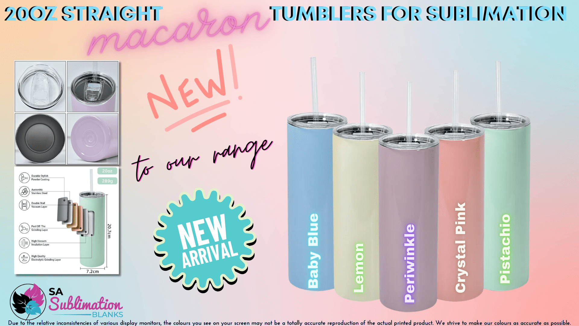 Sublimation Blanks : 20oz Straight Macaron Coloured Tumblers for Sublimation