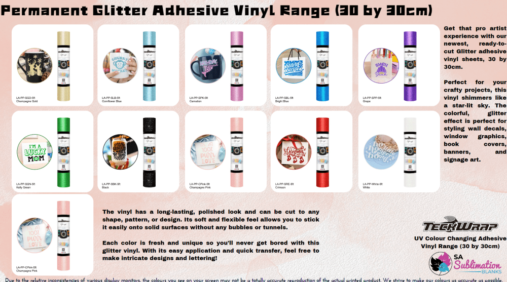 Teckwrap : Permanent Glitter Adhesive Vinyl Range (30 by 30cm)