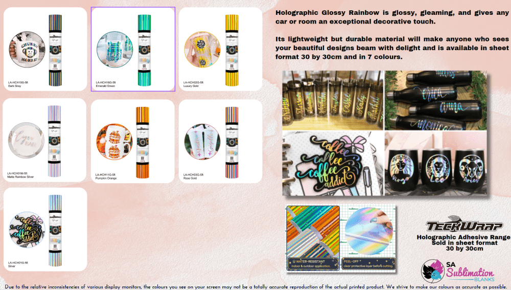 Teckwrap : Holographic Glossy Rainbow Adhesive Range (30 by 30cm)