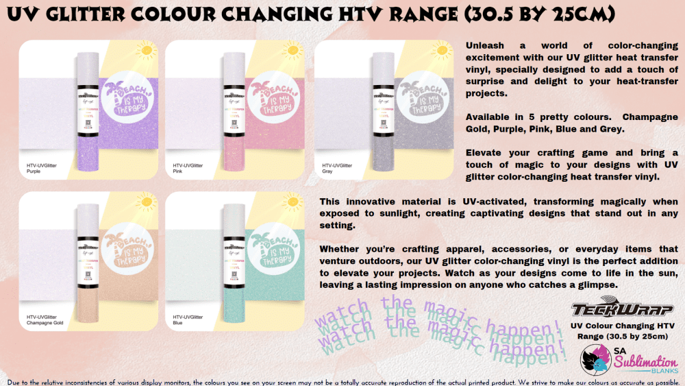 Teckwrap : UV Glitter Colour Changing HTV Range (30 by 30cm)