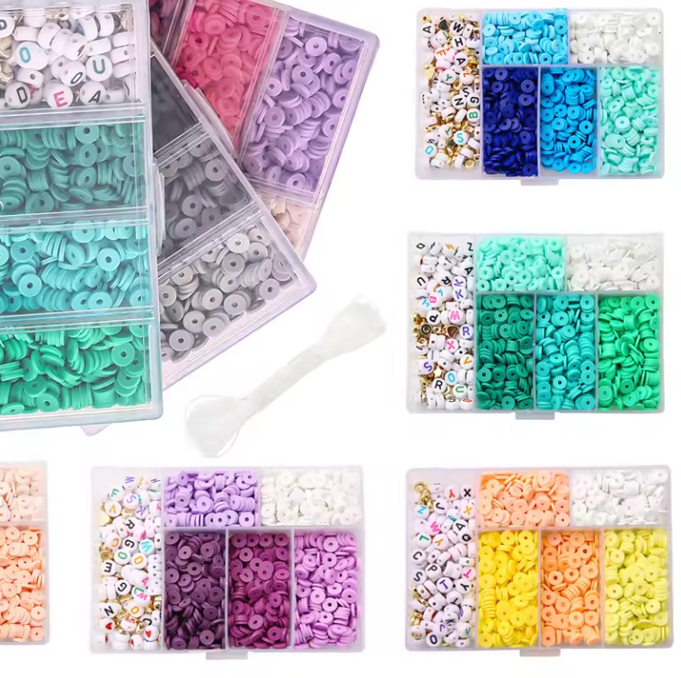 Jewelry : 6 Grid Alphabet, Spaces & 6mm Flat Round Polymer Clay Set Beads (8 Variants)