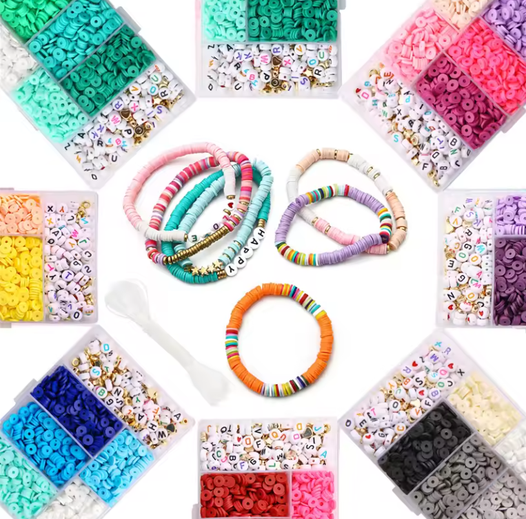 Jewelry : 6 Grid Alphabet, Spaces & 6mm Flat Round Polymer Clay Set Beads (8 Variants)