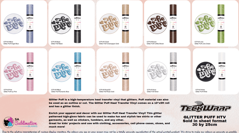 Teckwrap : Glitter Puff HTV Range (30 by 25cm)