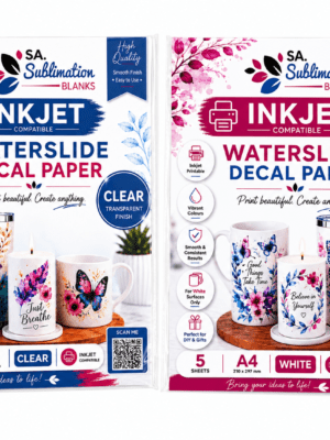 Sublimation Blanks : Waterslide Paper Decal for INKJET (White & Clear, Pack of 5)