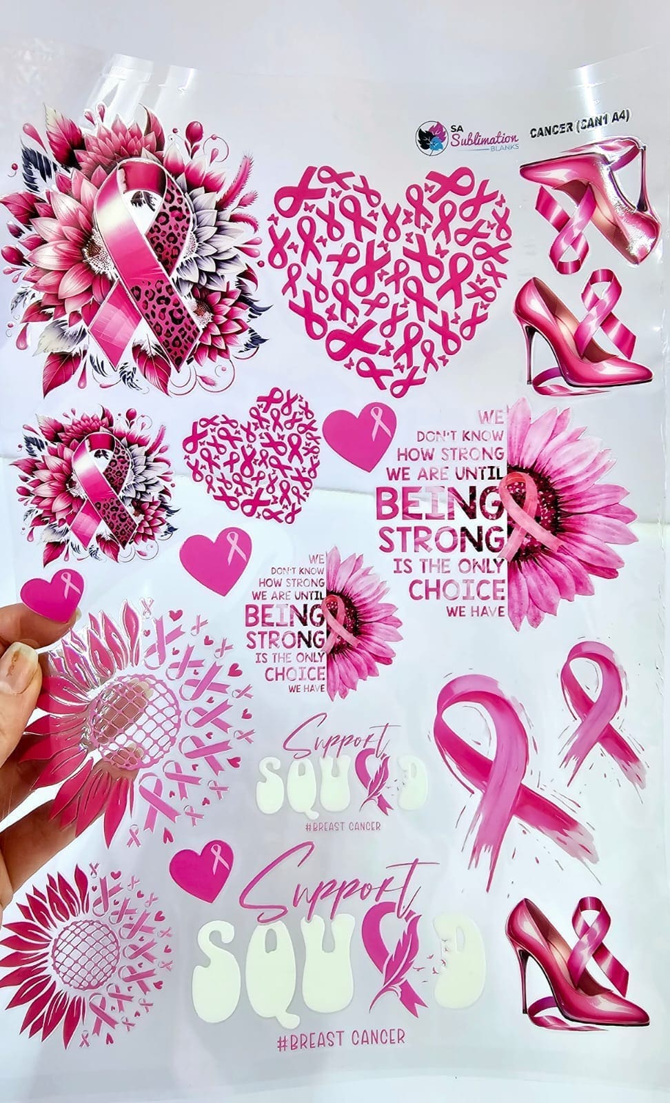 3D UV Stickers : A4 Breast Cancer Awareness Deluxe Combo + x6, 2mm 6cm Rose Gold Mirror Acrylic Discs (CAN1 A4 Combo)