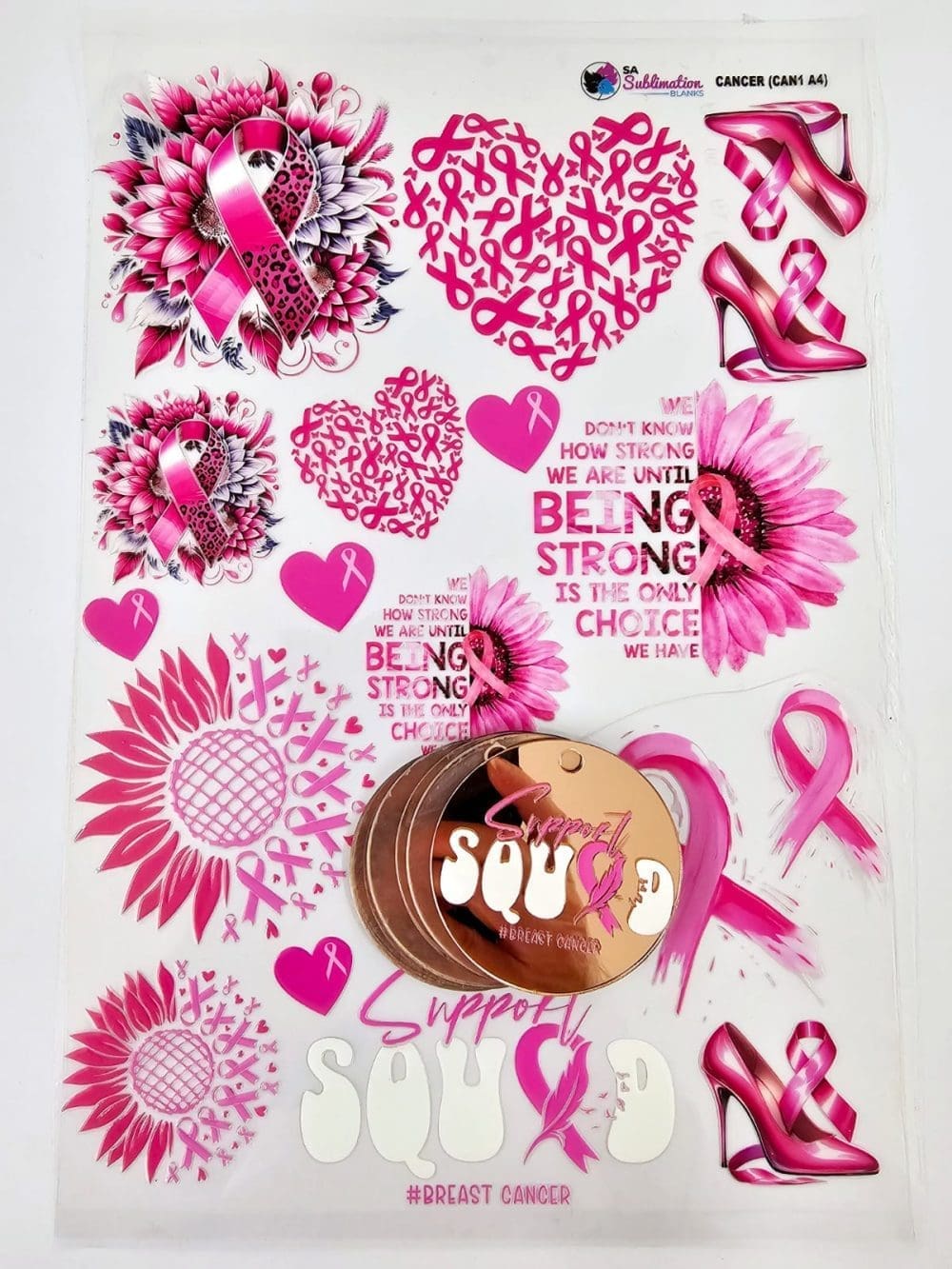 3D UV Stickers : A4 Breast Cancer Awareness Deluxe Combo + x6, 2mm 6cm Rose Gold Mirror Acrylic Discs (CAN1 A4 Combo)