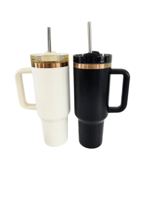 Laser Engraving : 40oz Black & Cream Laser Engraving Tumbler with Rose Gold Base (Stanley Dupe)