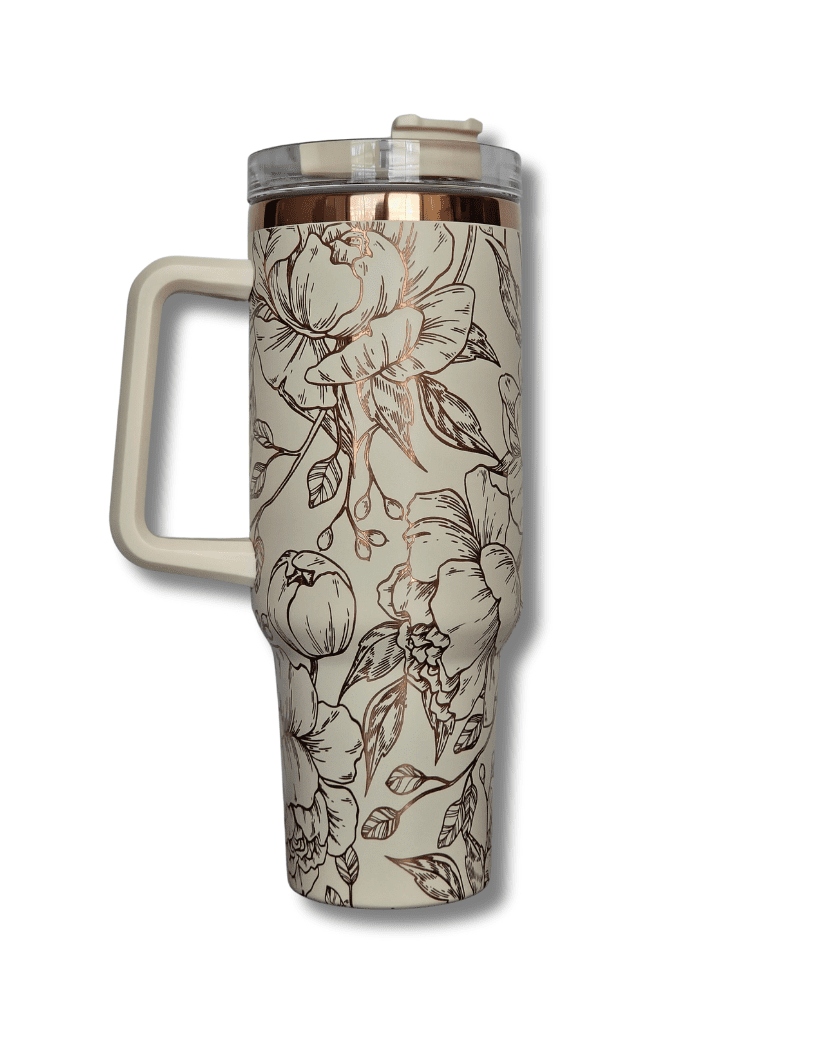 RosegoldEngravedCream2 Laser Engraving : 40oz Black & Cream Laser Engraving Tumbler with Rose Gold Base (Stanley Dupe)