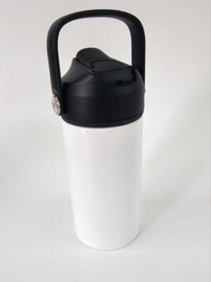 Sublimation Blanks : 12oz White Kids Sublimation Steel tumbler with black flip cap, carry handle & spout