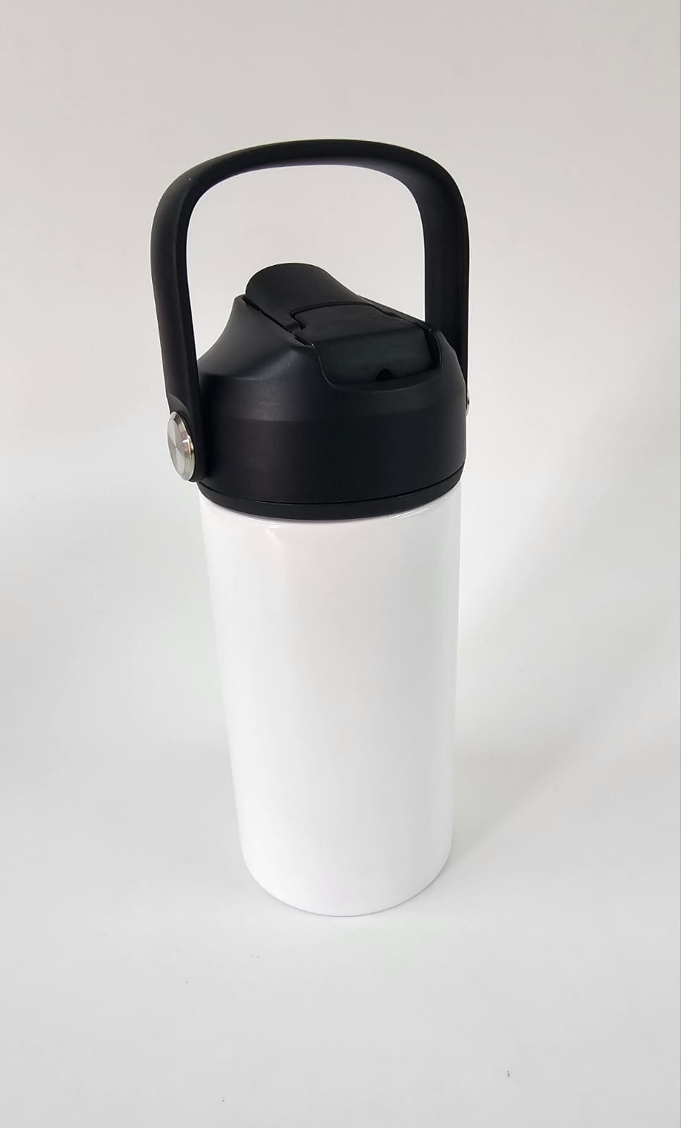 Sublimation Blanks : 12oz White Kids Sublimation Steel tumbler with black flip cap, carry handle & spout