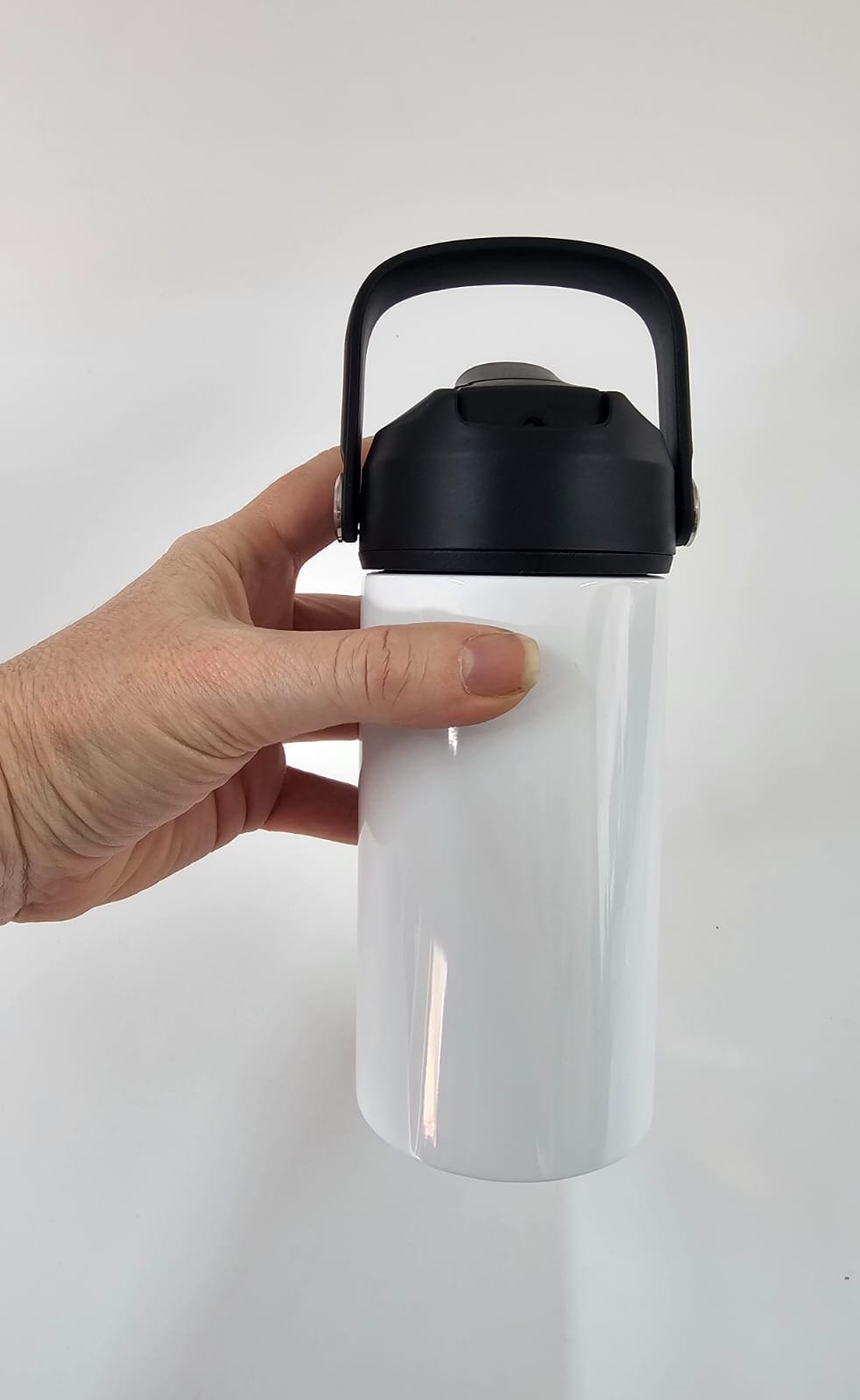 Sublimation Blanks : 12oz White Kids Sublimation Steel tumbler with black flip cap, carry handle & spout