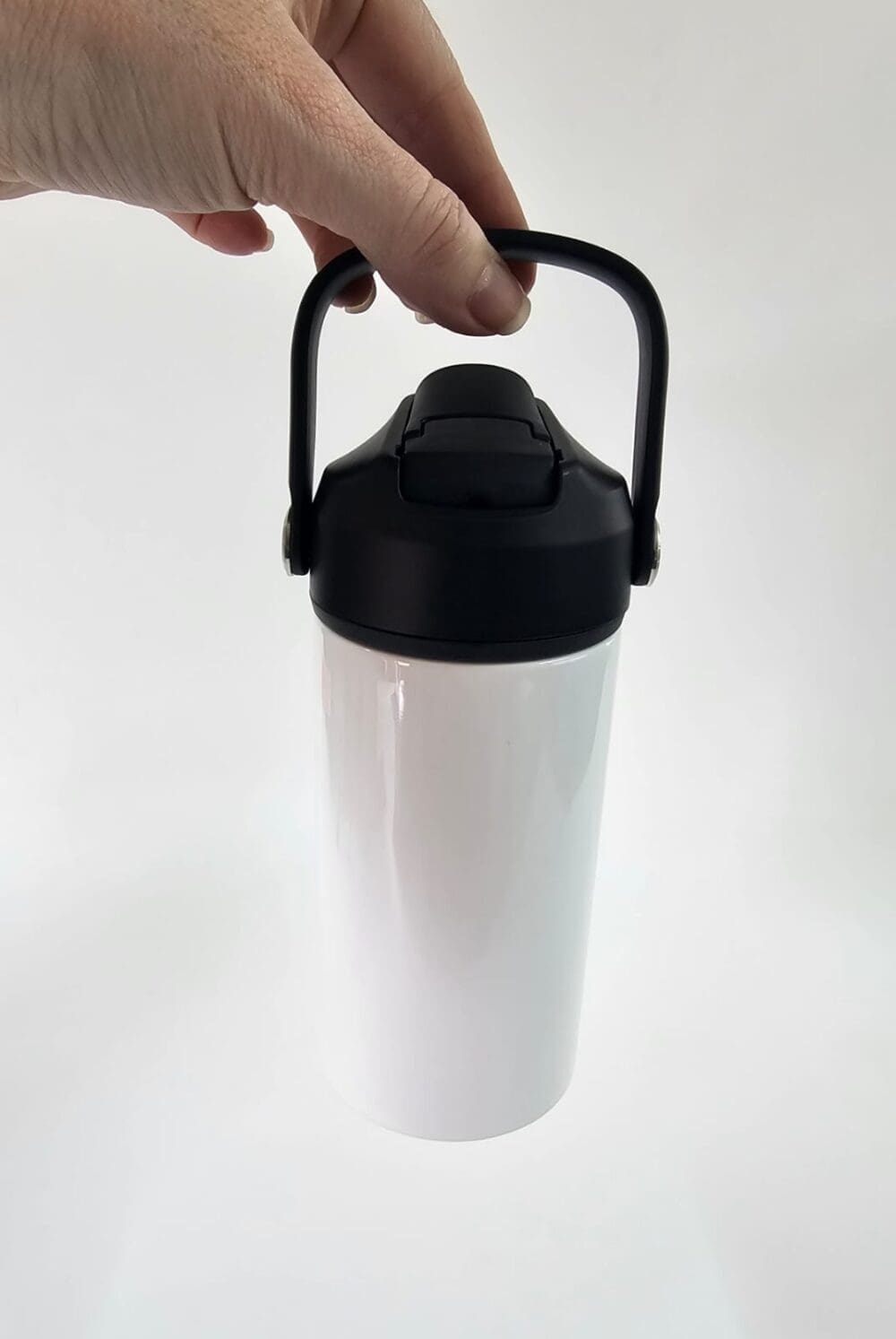 Sublimation Blanks : 12oz White Kids Sublimation Steel tumbler with black flip cap, carry handle & spout