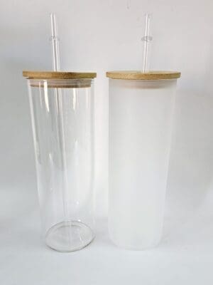 25OZ Group Glass Tumblers Sublimation Blanks : 25oz Glass Libbey Tumblers with Bamboo Lids (Clear or Frosted)
