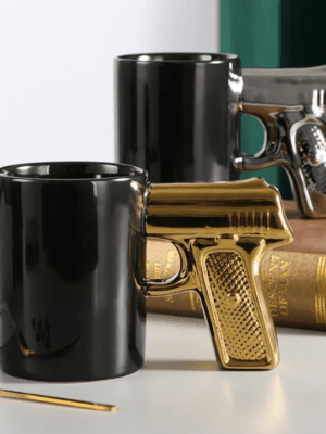 Novelty Mugs :  Pistol Gun Cup Ceramic Coffee Mug With Handle (Silver or Gold)