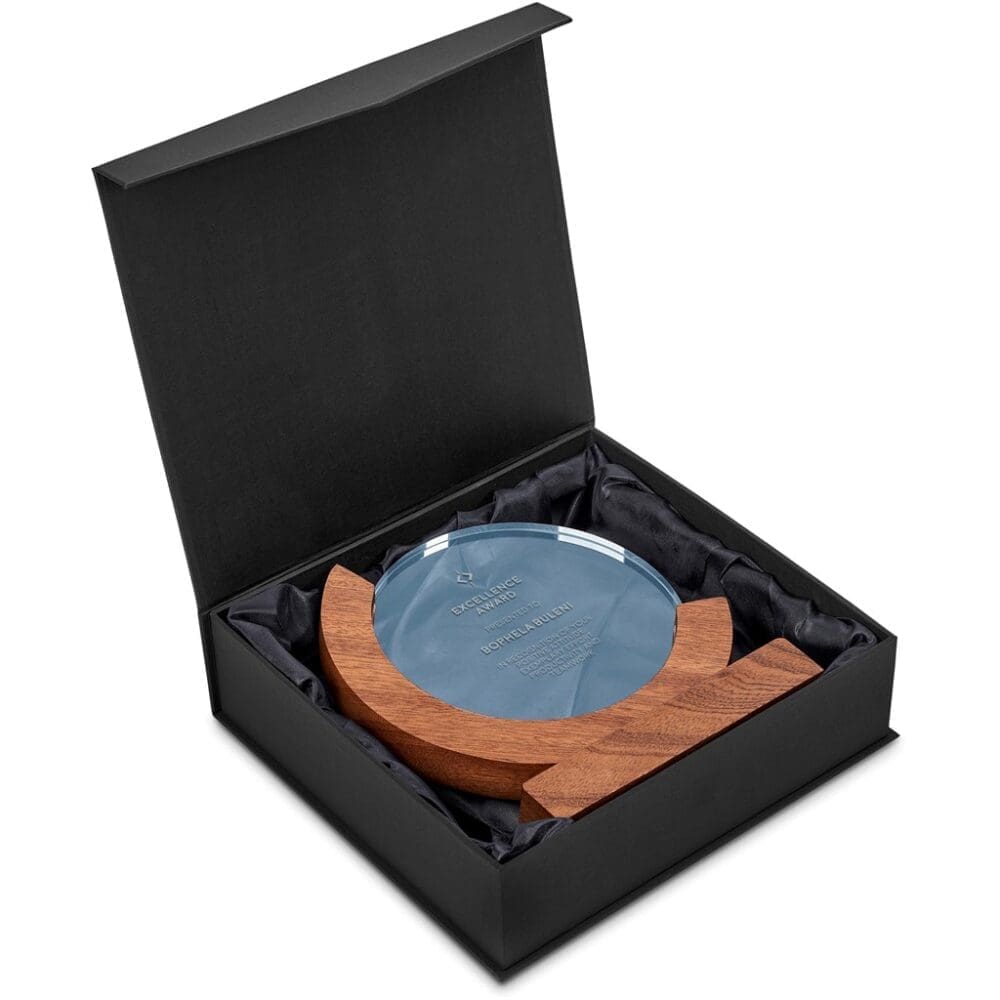 Award/Trophy : UV Direct Print, 1cm thick Circular Glass with solid wood base & curve (AM-AM-17-B)