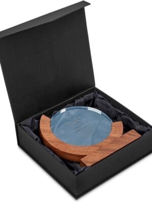 Award/Trophy : UV Direct Print, 1cm thick Circular Glass with solid wood base & curve (AM-AM-17-B)
