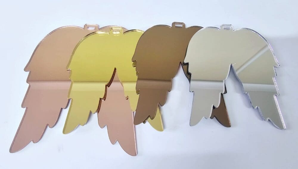 Laser Acrylic Shapes : MIRROR Acrylic Christmas Tree Shapes : Angel Wings Small/Large (2 & 3mm) [Gold, Rose Gold, Bronze, Silver]