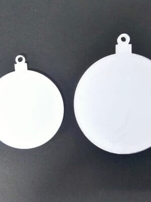 ChrismtasBaublesClear Laser Sublimation Blanks : Subli-Acyrlic (with white coating) Christmas Tree Shapes : Circular BAUBLES Small or Large (3 or 4mm)