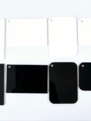 Laser Acrylic Shapes : 3mm BLACK or WHITE RECTANGLE Portrait or Landscape Acrylic, Disc (5 & 6cm) + 30mm Silver Split Keyring