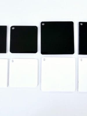 Laser Acrylic Shapes : 3mm BLACK or WHITE SQUARE Acrylic, Disc (5 & 6cm) + 30mm Silver Split Keyring