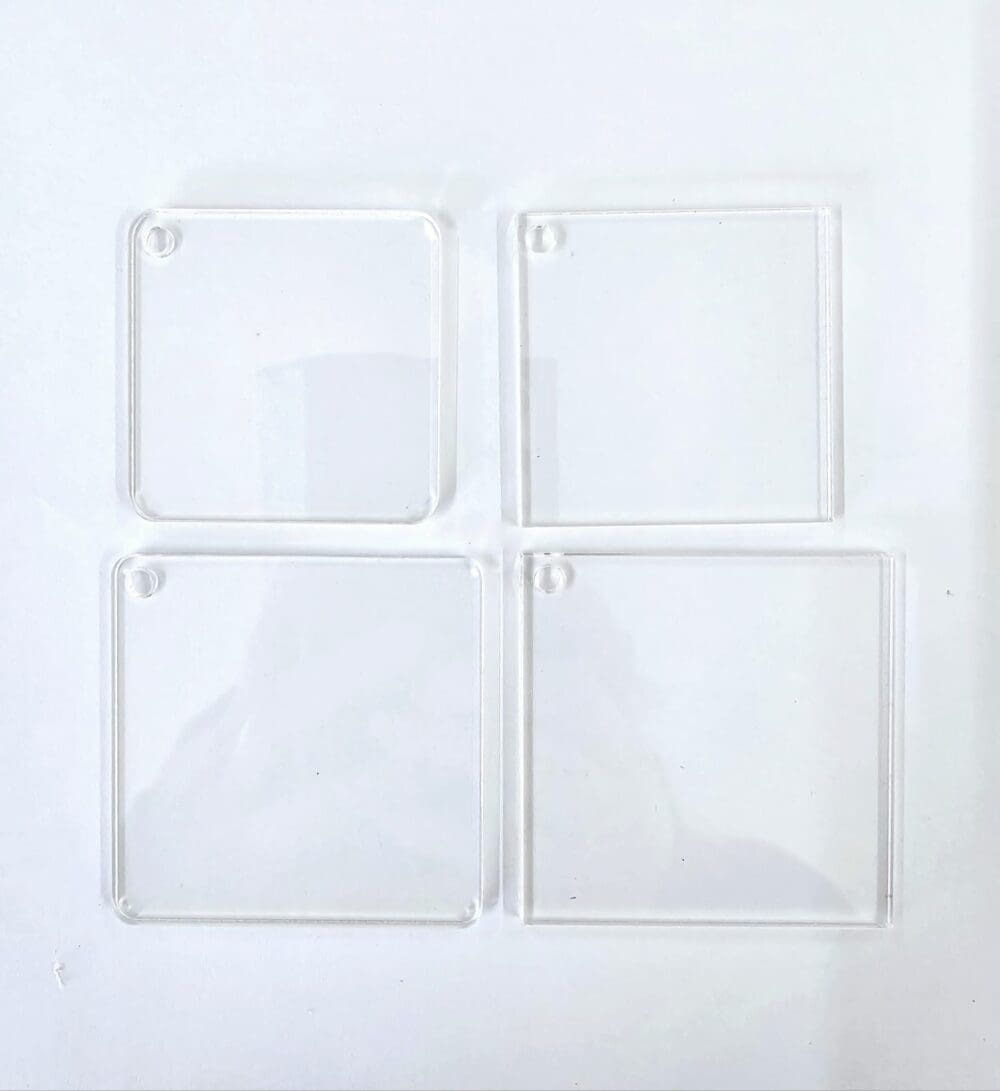 Laser  Acrylic Shapes : CLEAR SQUARE Acrylic, Disc (5 & 6cm) + 30mm Silver Split Keyring (1.5, 2, 3 & 5mm)