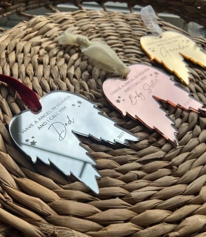 Laser Acrylic Shapes : MIRROR Acrylic Christmas Tree Shapes : Angel Wings Small/Large (2 & 3mm) [Gold, Rose Gold, Bronze, Silver]