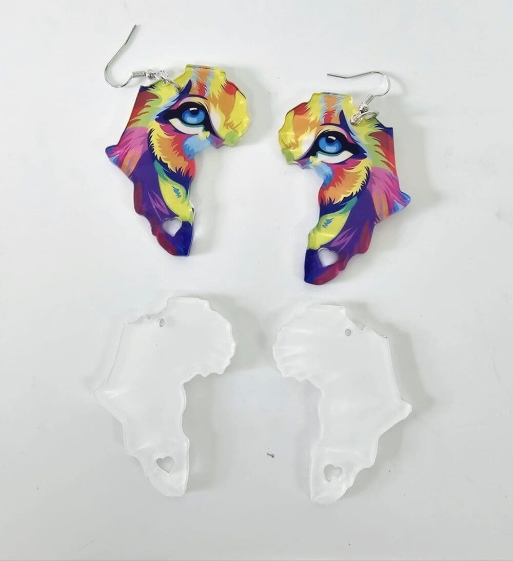 Africa with heart earrings EARR10a Laser Acrylic Shapes : (EARR10) 3mm Blank Subli Acrylic Africa with Heart Earrings + attachments