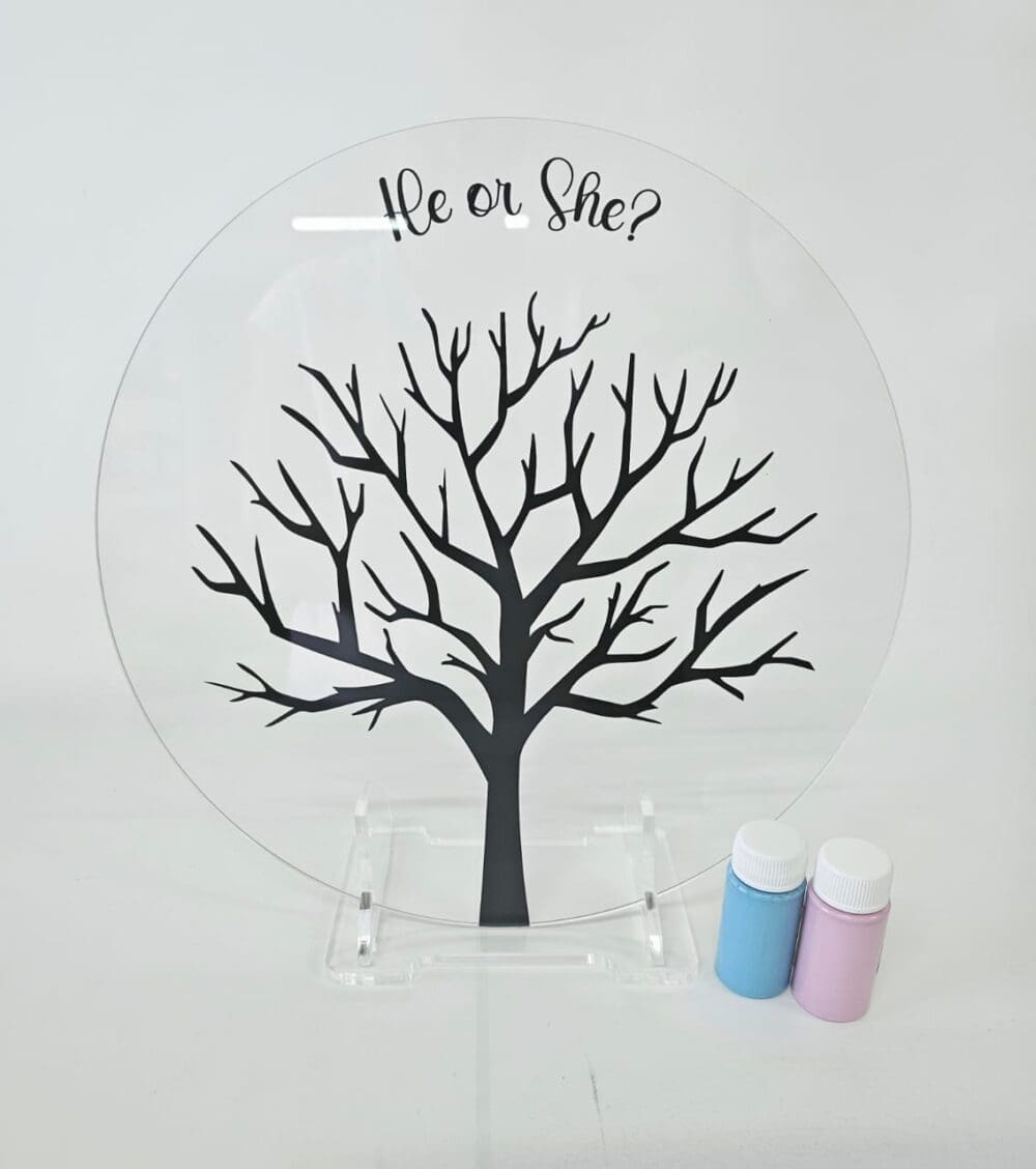UV Direct Print : Baby He or She Reveal 30cm Acrylic Disc with UV Black Tree Print, Clear Stand & Paint
